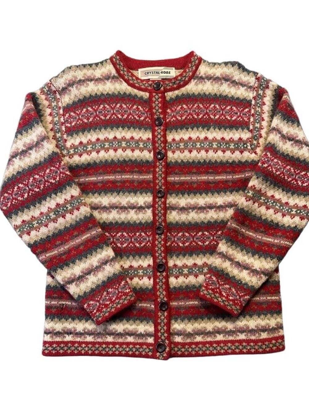 Vintage Fair Isle Shetland Wool Cardigan Sweater Red Cream Button Down Small